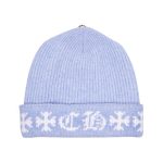 It is a Chrome Hearts Big Daddy Cashmere Beanie - Blue with the words "Chrome Hearts Big Daddy " embroidered on it. It is likely made from high-quality material, such as wool or cashmere, and features the Chrome Hearts logo.