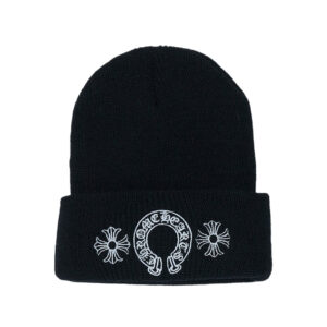 It is a Chrome Hearts Horse Shoe Beanie - Black with the words "Chrome Hearts logo " embroidered on it. It is likely made from high-quality material, such as wool or cashmere, and features the Chrome Hearts logo.