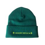 It is a Chrome Hearts Matty Boy Spec Beanie - Green with the words "Chrome Hearts Matty Boy Spec " embroidered on it. It is likely made from high-quality material, such as wool or cashmere, and features the Chrome Hearts logo.