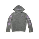 RARE Chrome Hearts Floral Cross Pink Logo Zip Up Grey Hoodie
